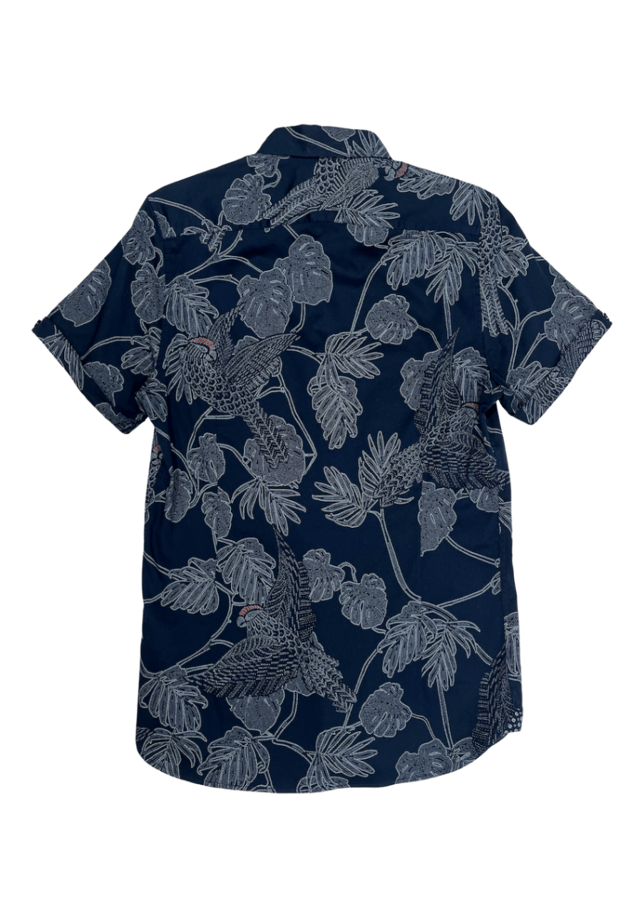 Short Sleeve Floral Parrot Print Navy Shirt / Size XS