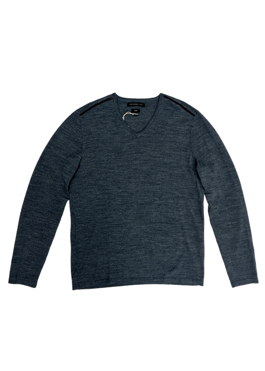 Grey V-Neck Sweater w/ Leather Trim / Size M