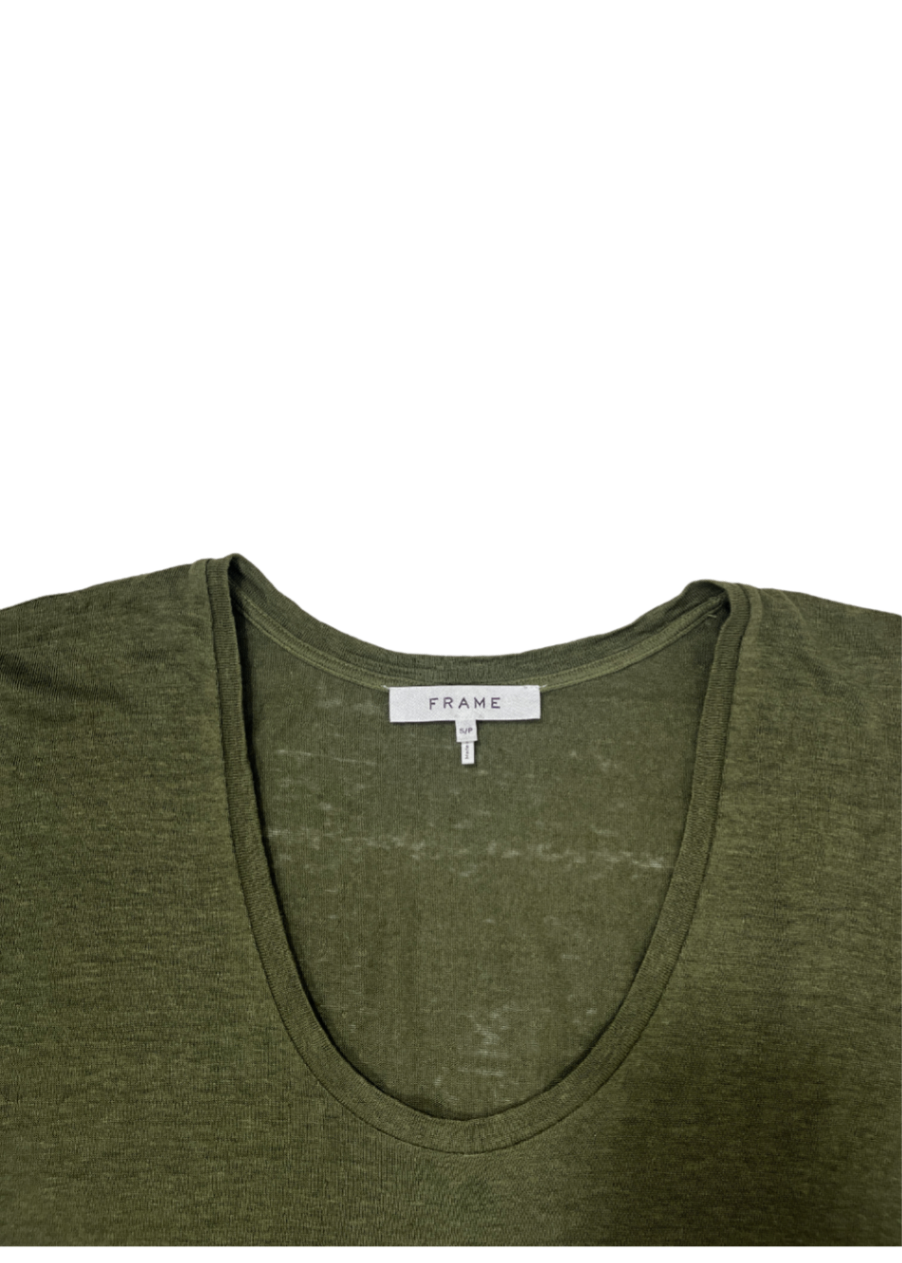 Scoop Neck Linen T-Shirt Olive / Size S
