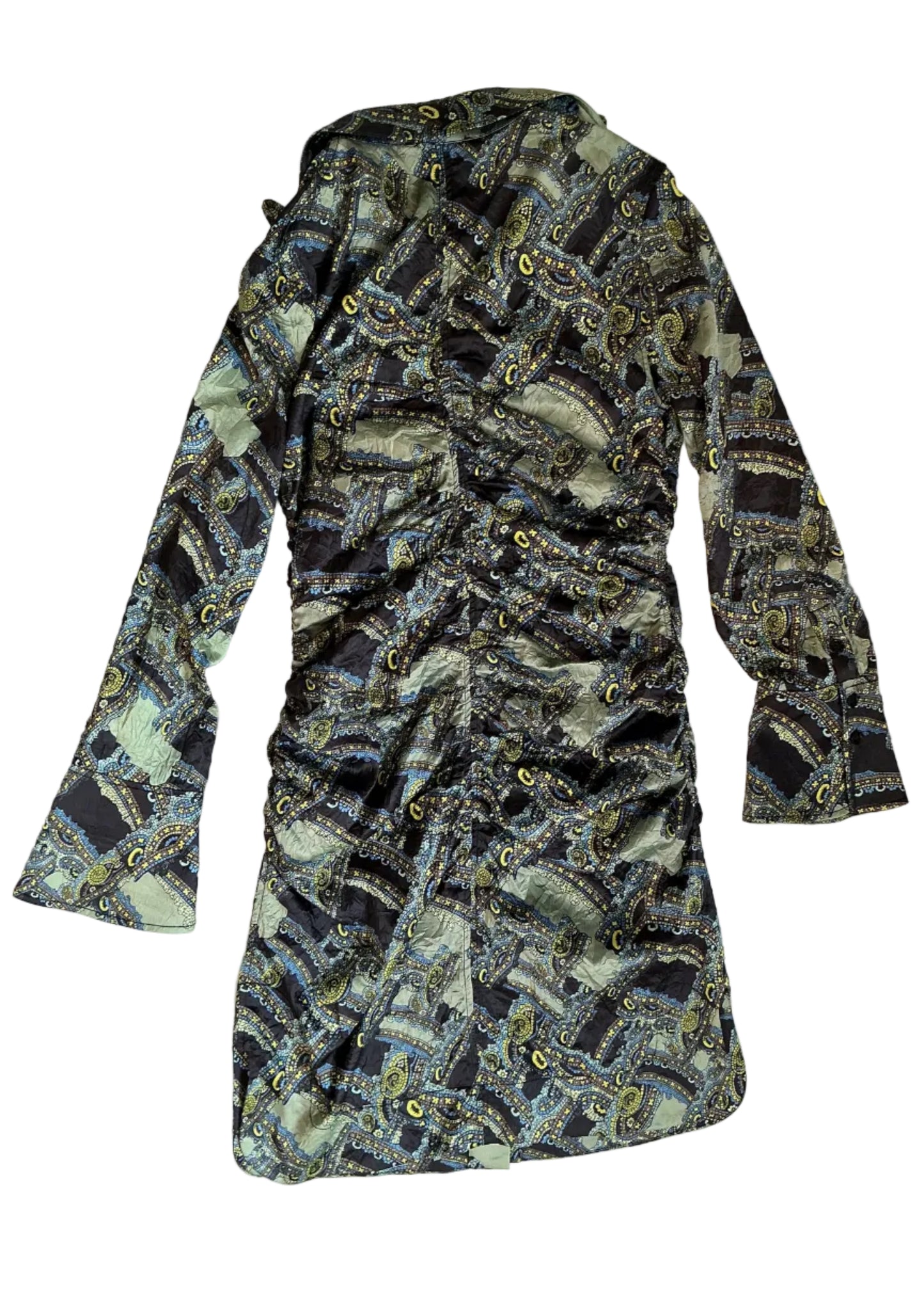 Crinkled Satin Paisley Shirt Dress / Size 38