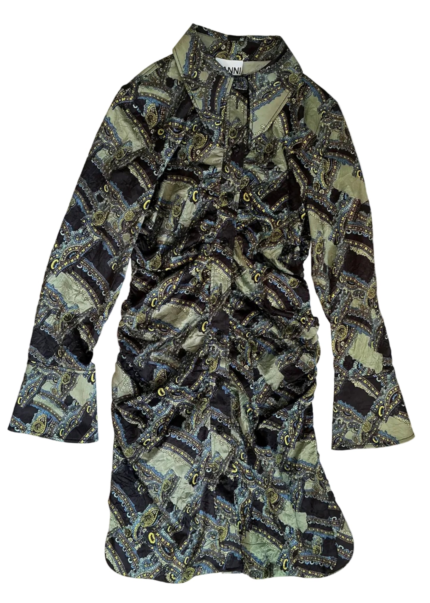 Crinkled Satin Paisley Shirt Dress / Size 38