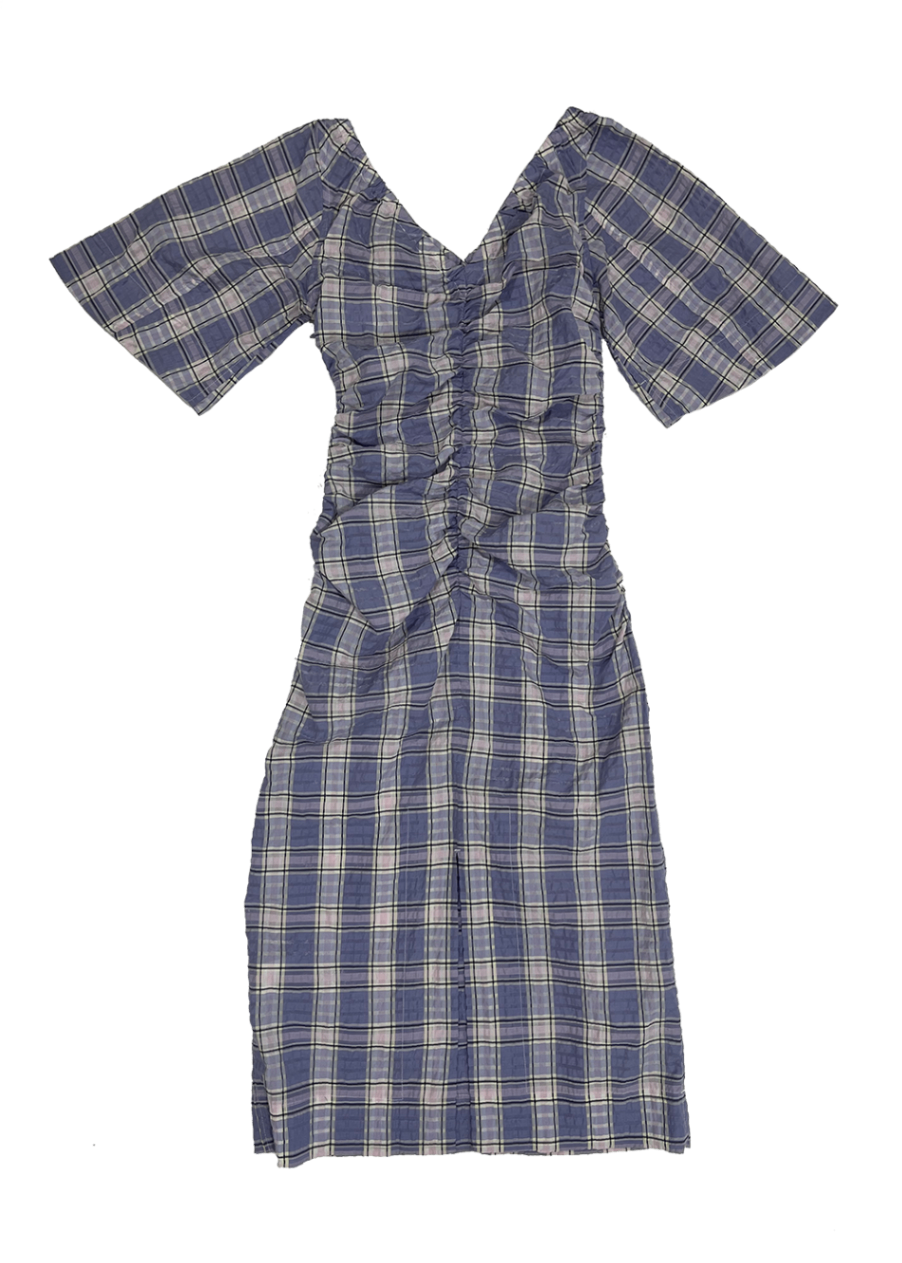 V-Neck Seersucker Purple Check Dress / Size 2