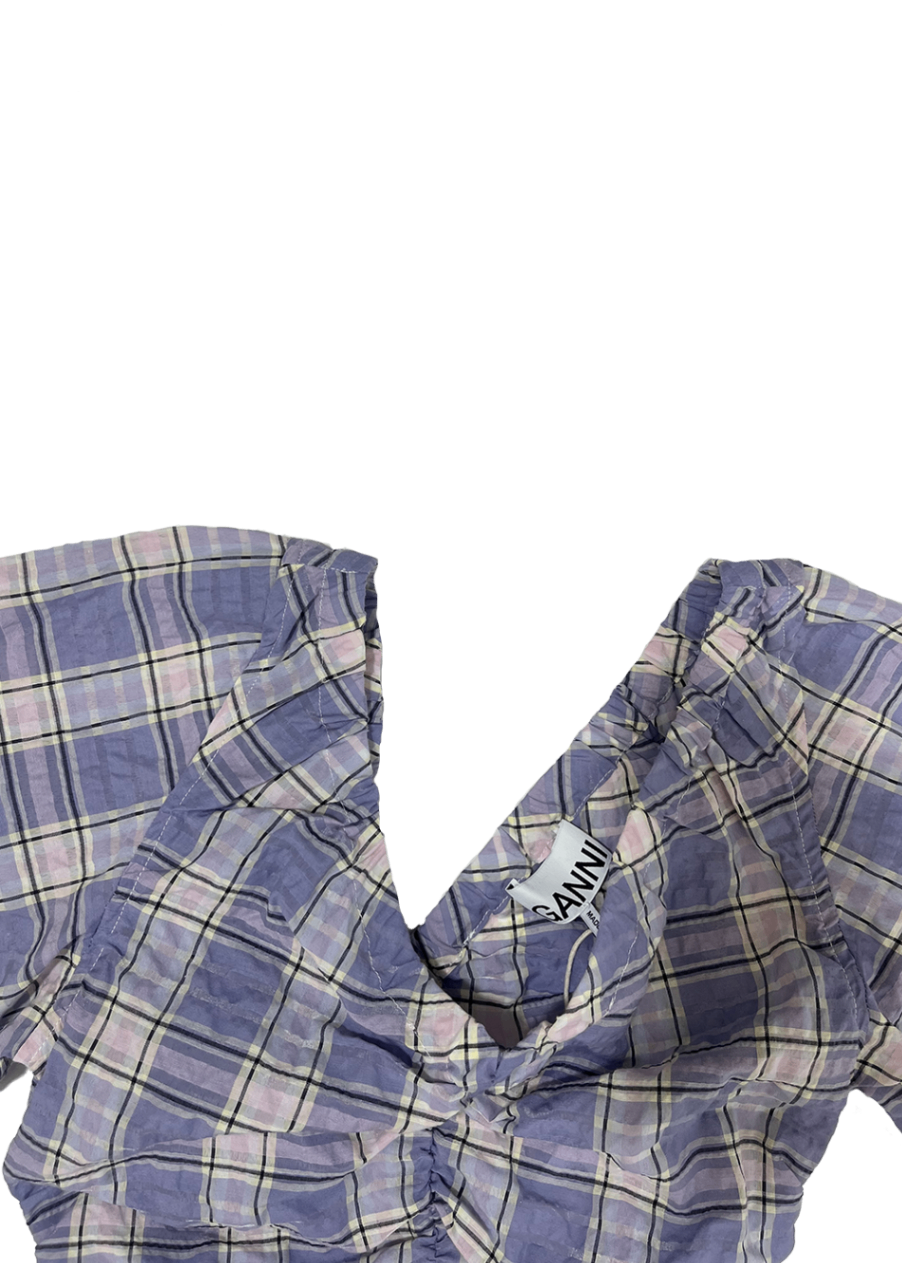V-Neck Seersucker Purple Check Dress / Size 2