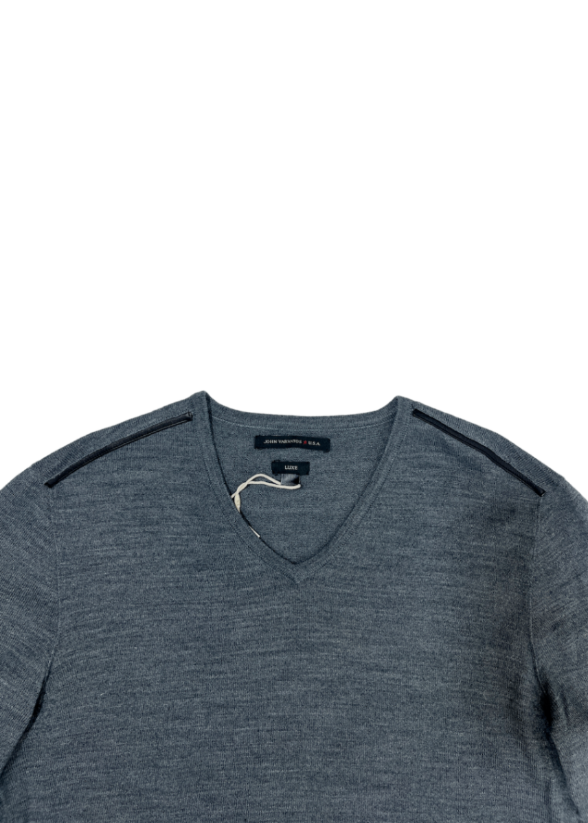 Grey V-Neck Sweater w/ Leather Trim / Size M