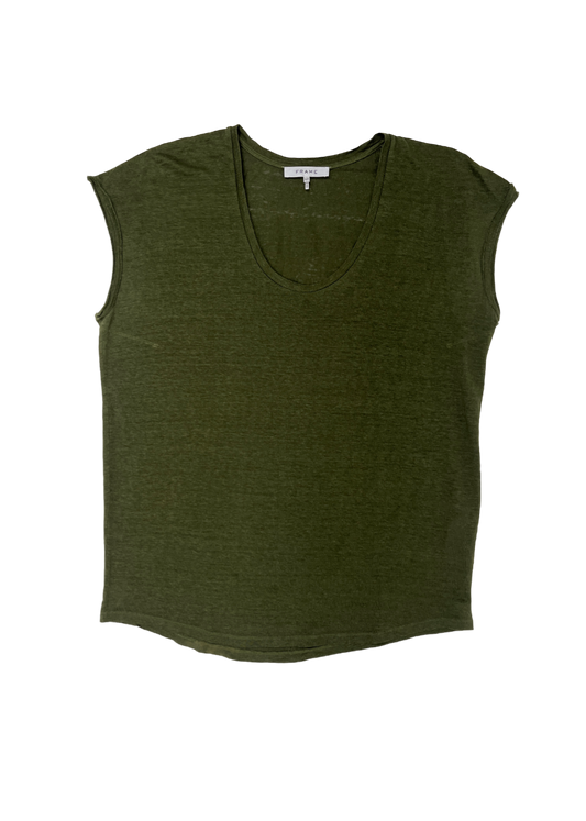 Scoop Neck Linen T-Shirt Olive / Size S