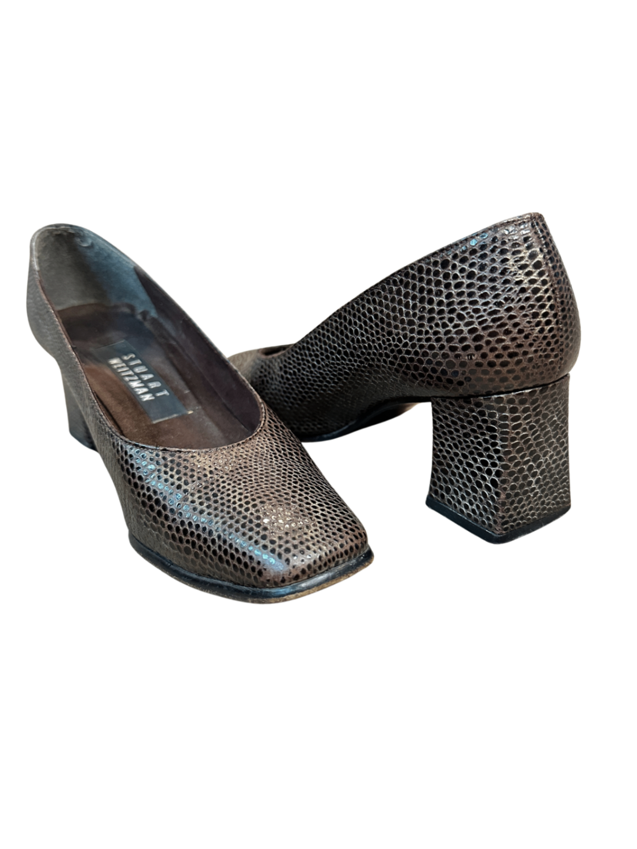 Vintage Snakeskin Block Heel Brown / Size 8
