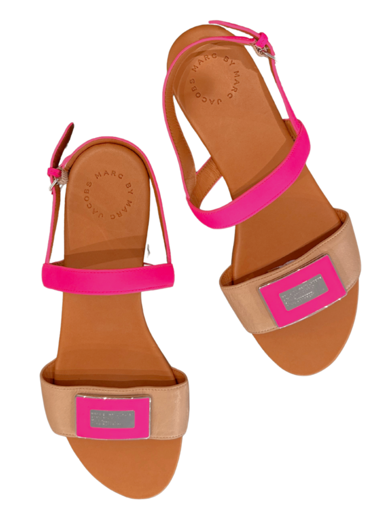 Plaque Flat Leather Sandal Neon Pink / Size 40