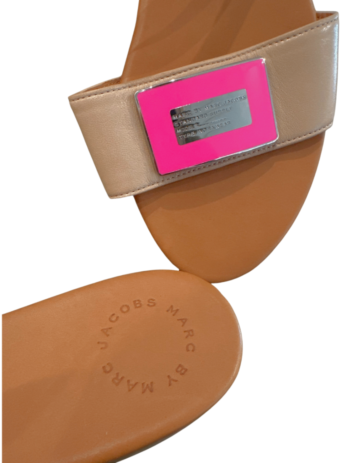 Plaque Flat Leather Sandal Neon Pink / Size 40