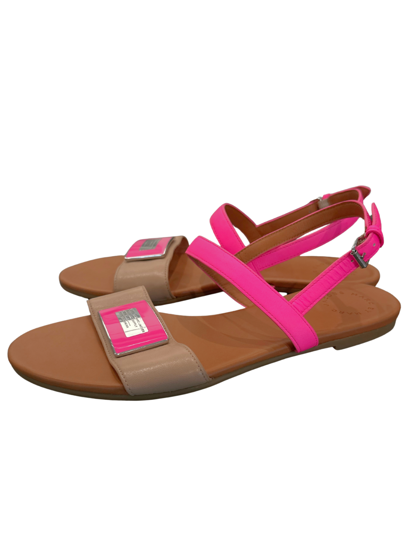 Plaque Flat Leather Sandal Neon Pink / Size 40