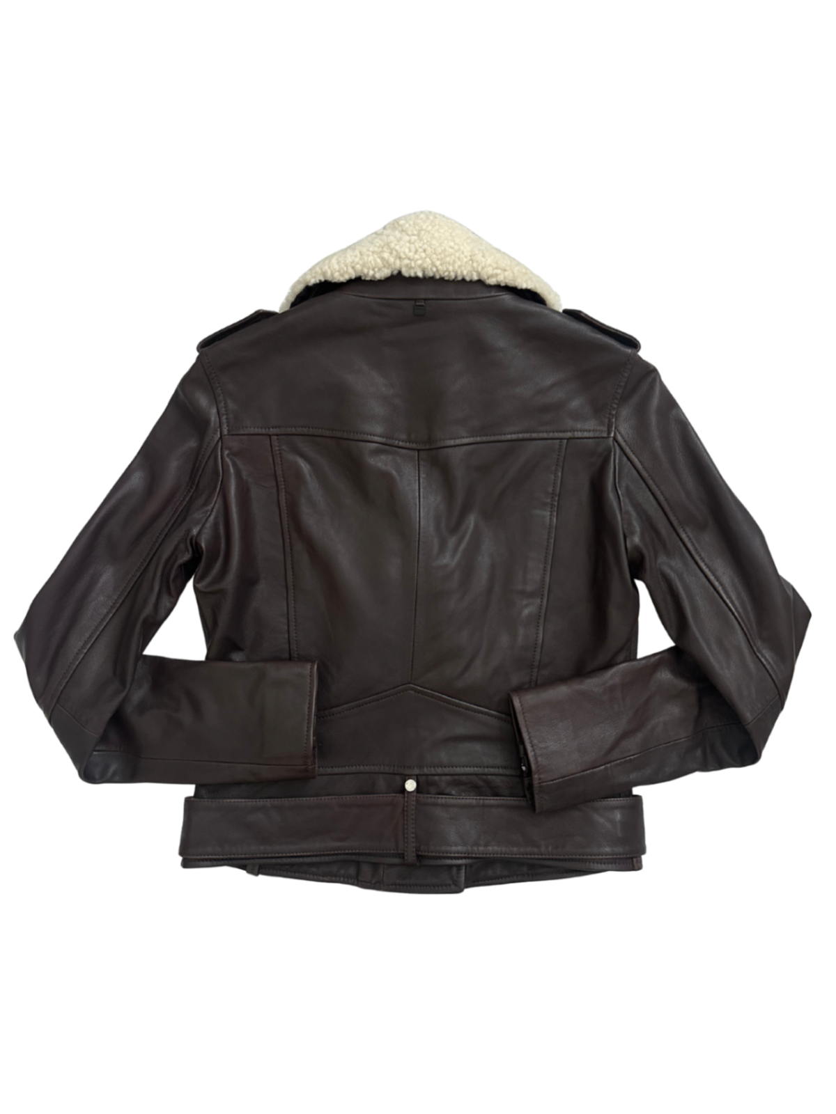 Shearling Collar Leather Moto Jacket Brown / Size M