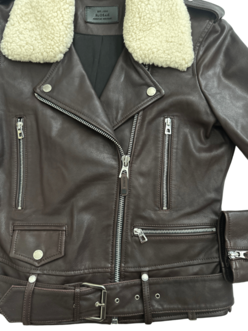 Shearling Collar Leather Moto Jacket Brown / Size M
