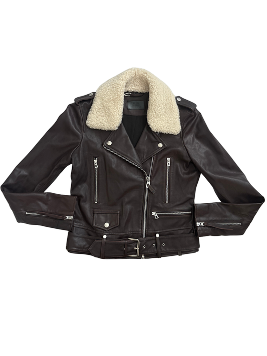 Shearling Collar Leather Moto Jacket Brown / Size M