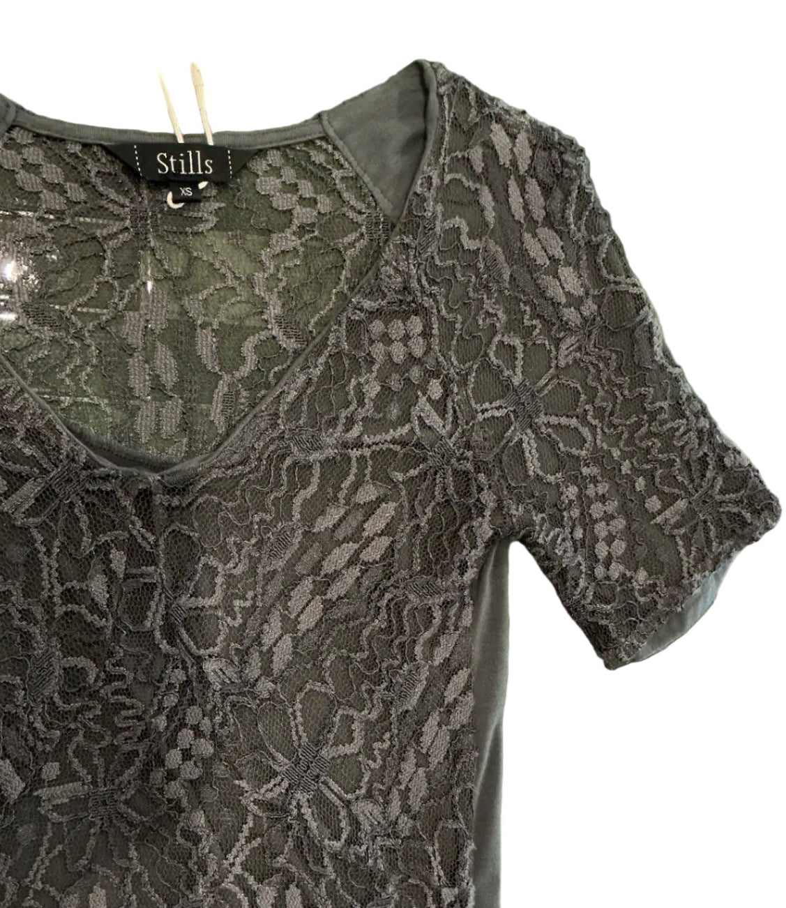 V-Neck Lace T-Shirt Grey / Size XS