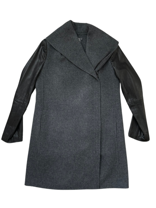 Leather Sleeve Asymmetric Wool Zip Coat / Size XS