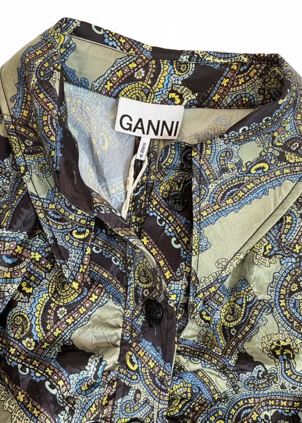 Crinkled Satin Paisley Shirt Dress / Size 38